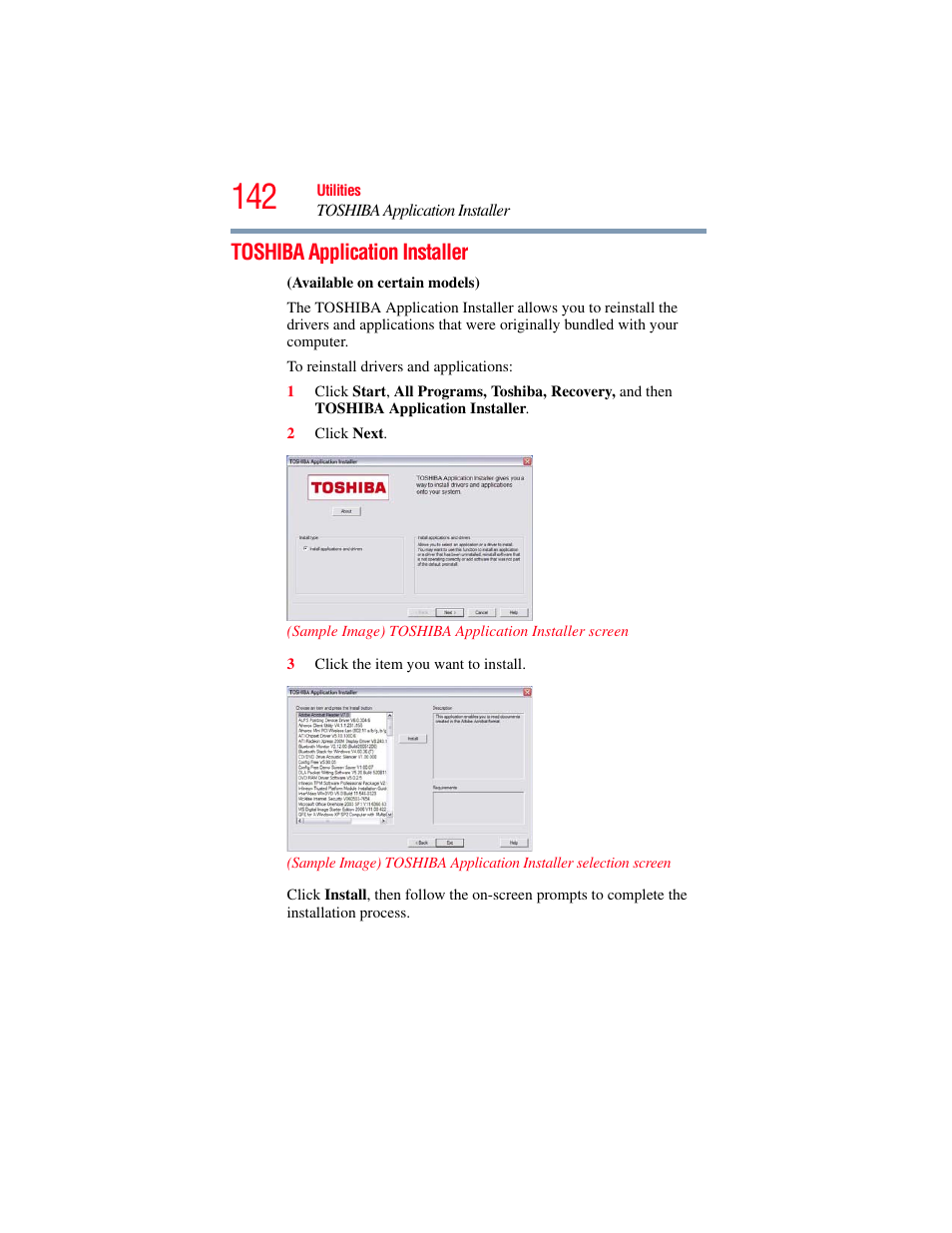 Toshiba application installer | Toshiba SATELLITE M300 User Manual | Page 142 / 232