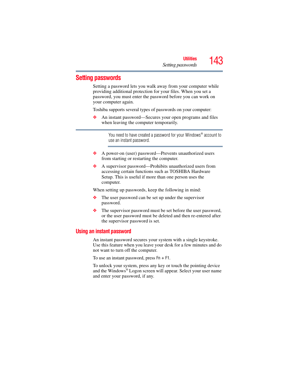 Setting passwords, Using an instant password | Toshiba SATELLITE M300 User Manual | Page 143 / 232