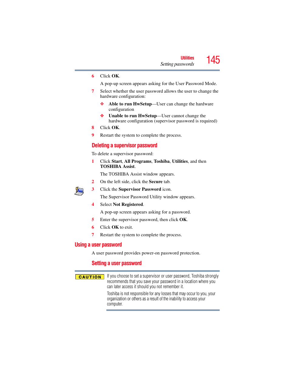 Using a user password, User password | Toshiba SATELLITE M300 User Manual | Page 145 / 232