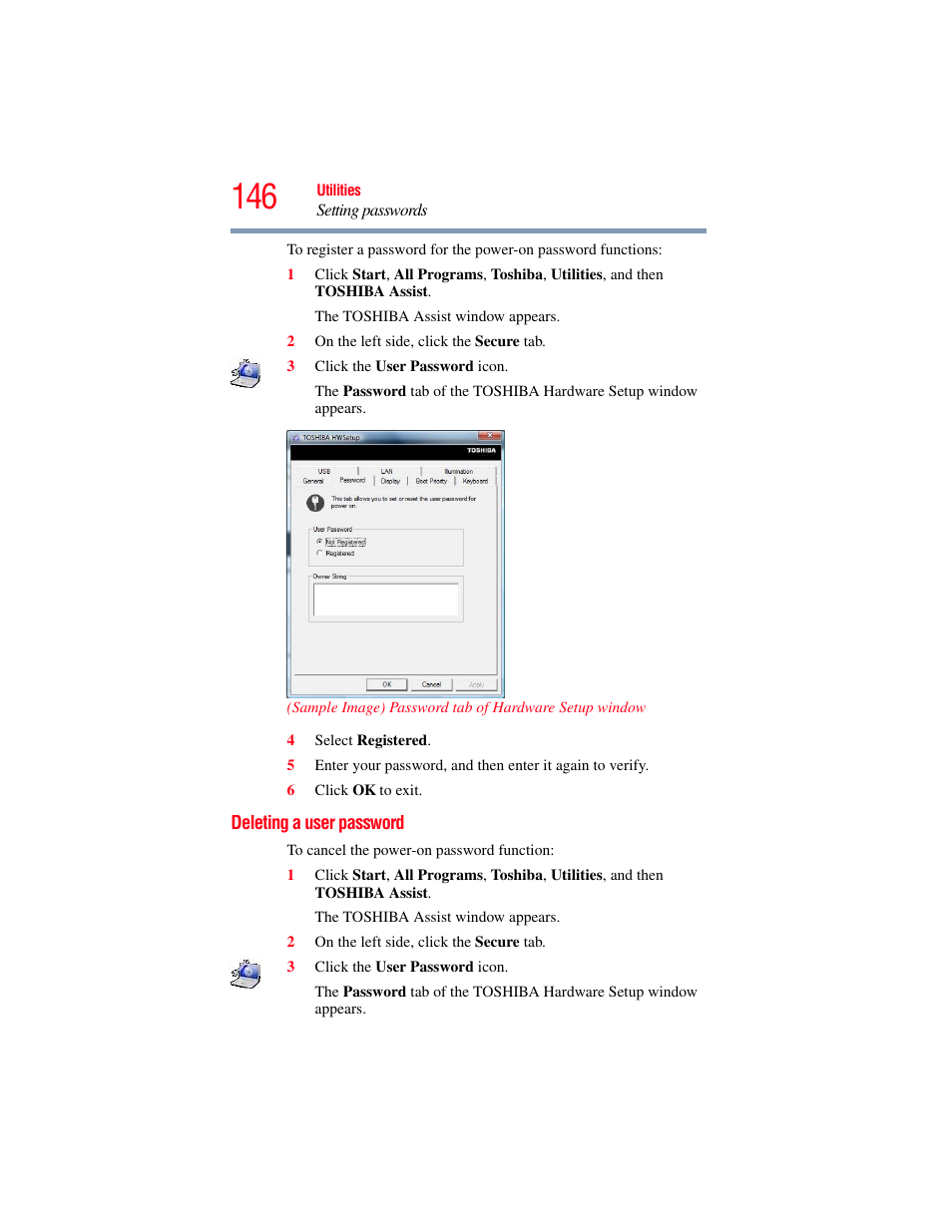 Deleting a user password | Toshiba SATELLITE M300 User Manual | Page 146 / 232
