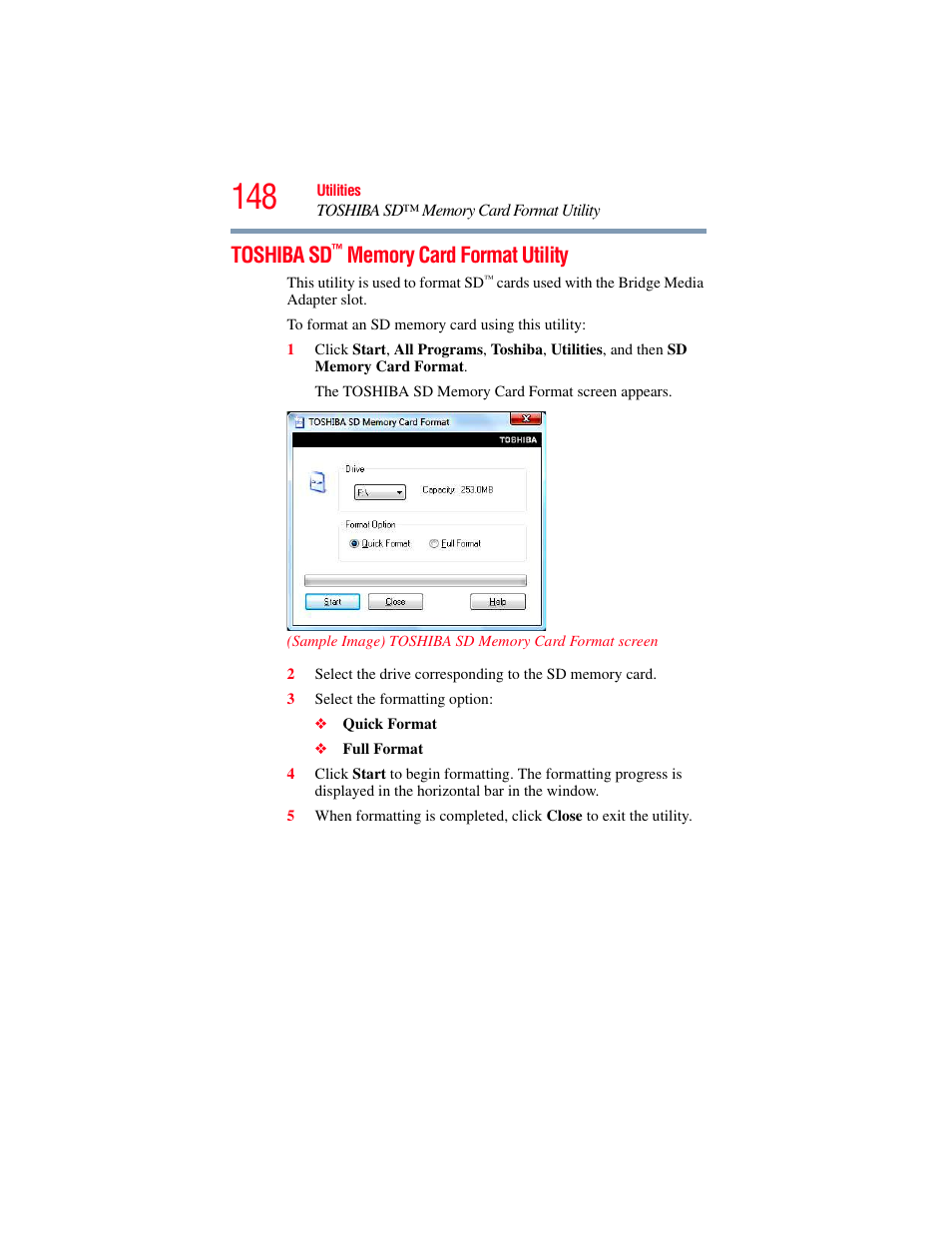 Toshiba sd™ memory card format utility, Toshiba sd | Toshiba SATELLITE M300 User Manual | Page 148 / 232