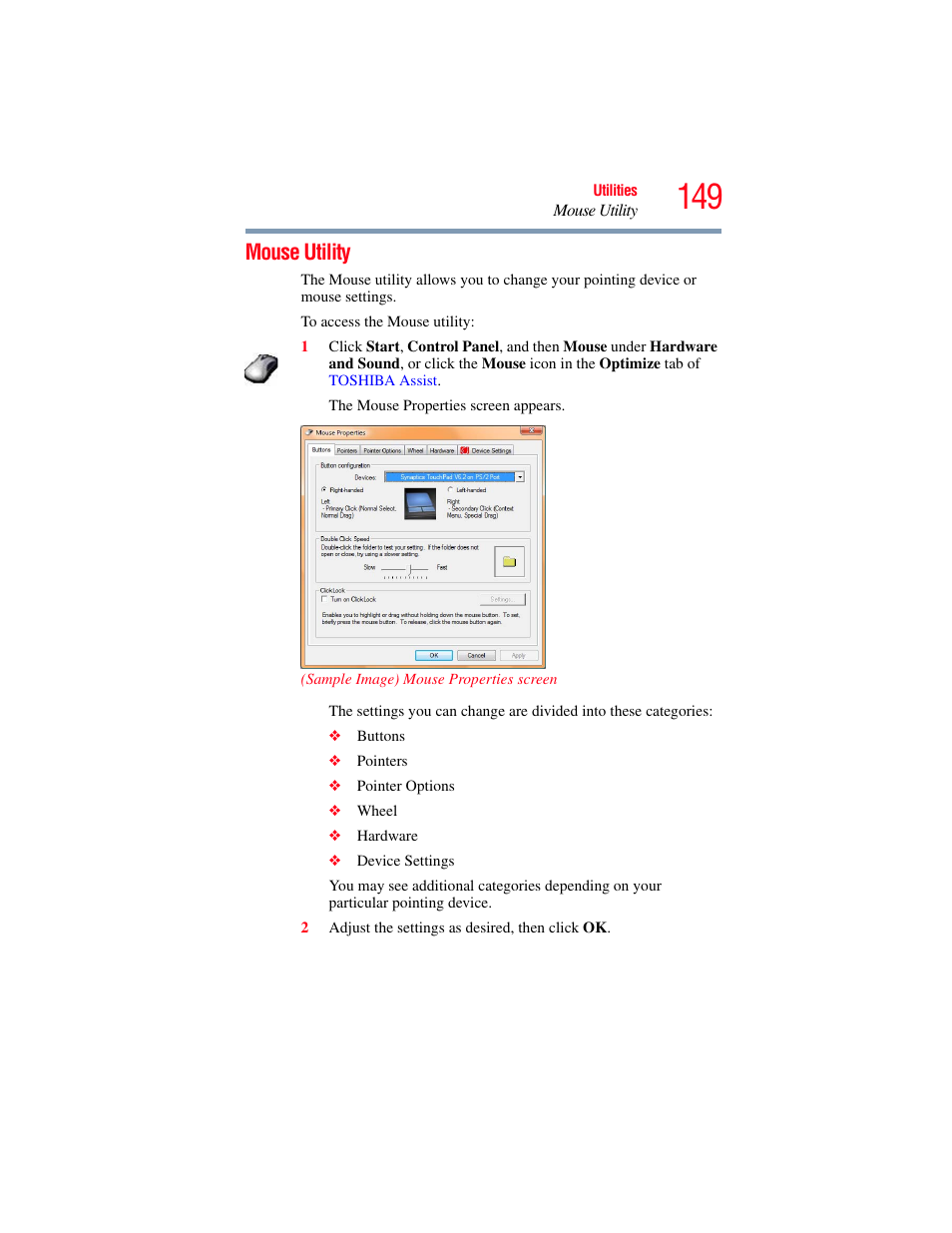 Mouse utility | Toshiba SATELLITE M300 User Manual | Page 149 / 232