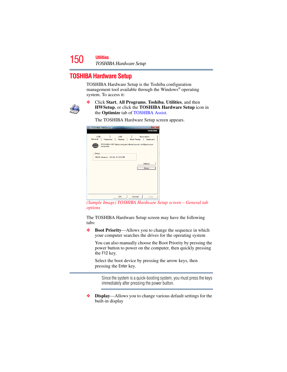 Toshiba hardware setup | Toshiba SATELLITE M300 User Manual | Page 150 / 232