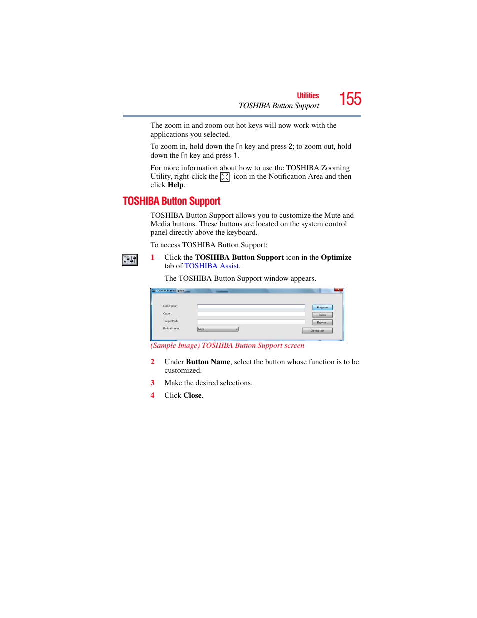 Toshiba button support | Toshiba SATELLITE M300 User Manual | Page 155 / 232