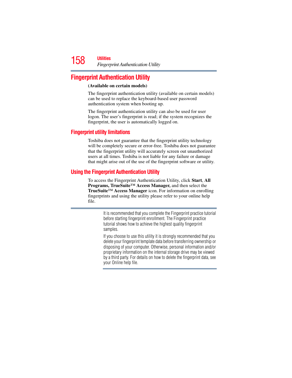 Fingerprint authentication utility, Fingerprint utility limitations, Using the fingerprint authentication utility | Toshiba SATELLITE M300 User Manual | Page 158 / 232