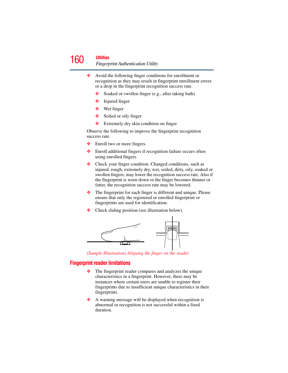 Fingerprint reader limitations | Toshiba SATELLITE M300 User Manual | Page 160 / 232