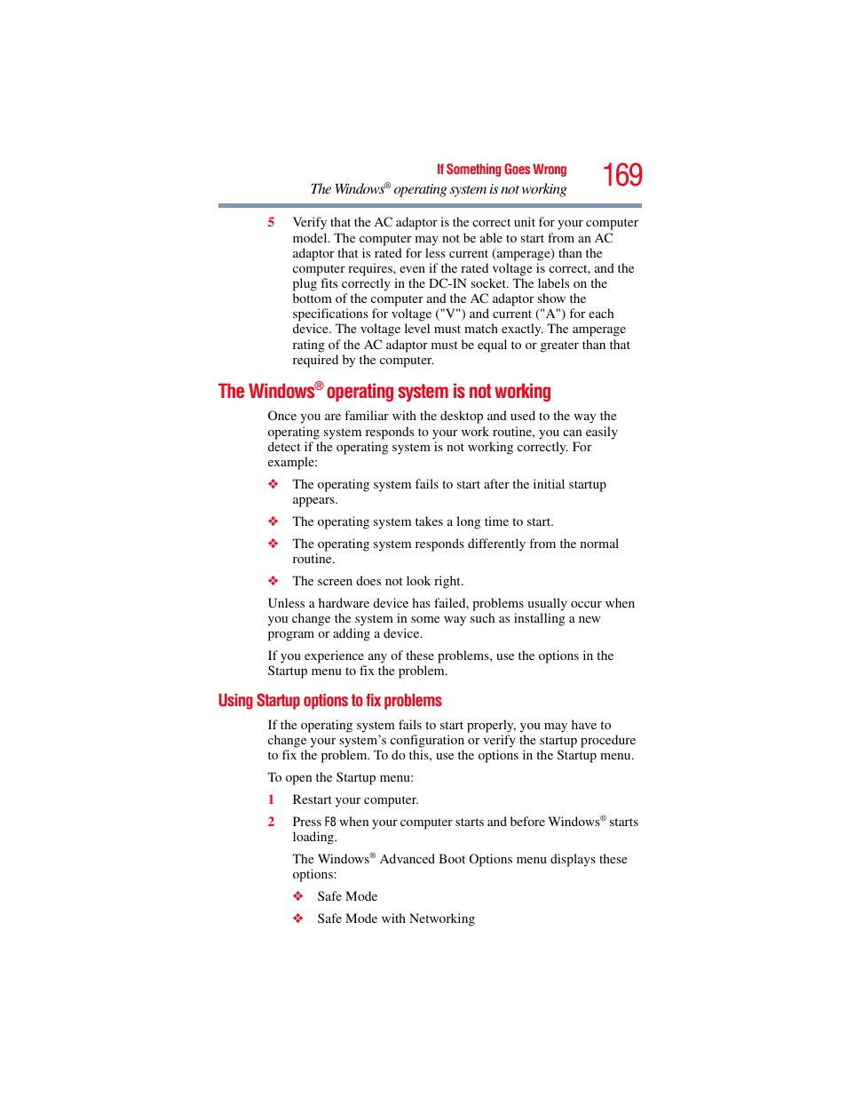 The windows® operating system is not working, Using startup options to fix problems, The windows | Operating system is not working | Toshiba SATELLITE M300 User Manual | Page 169 / 232