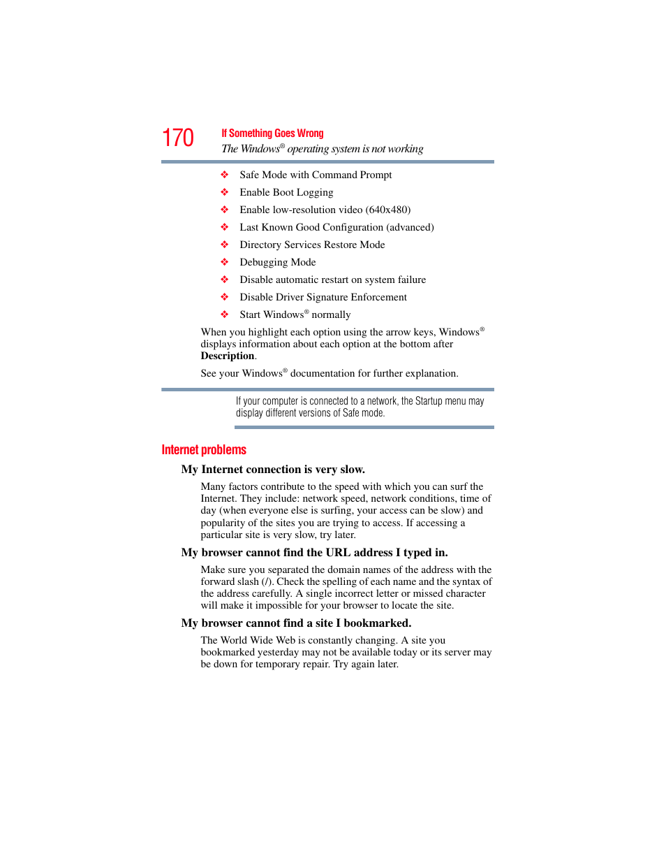 Internet problems | Toshiba SATELLITE M300 User Manual | Page 170 / 232