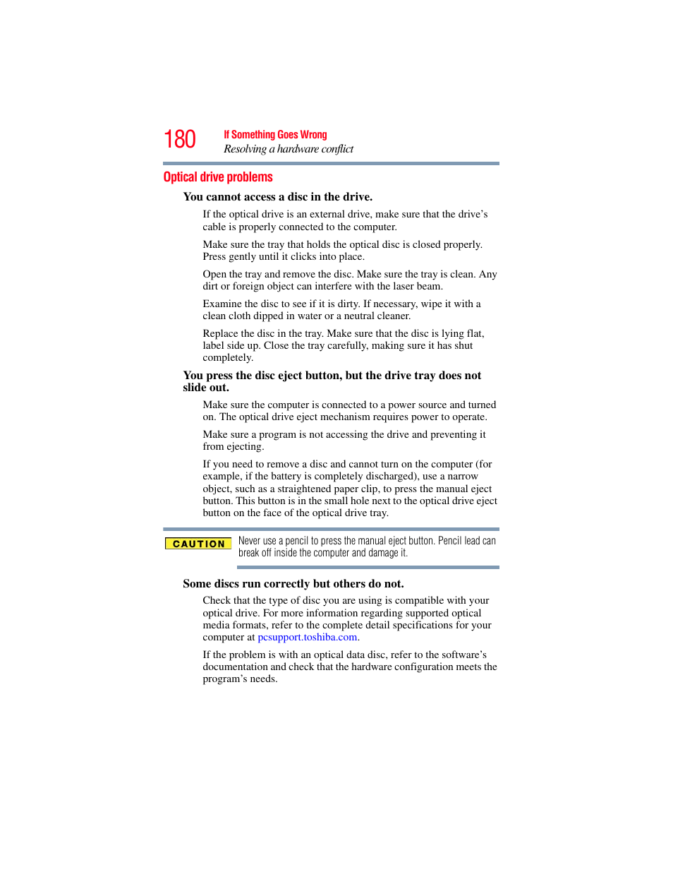 Optical drive problems | Toshiba SATELLITE M300 User Manual | Page 180 / 232