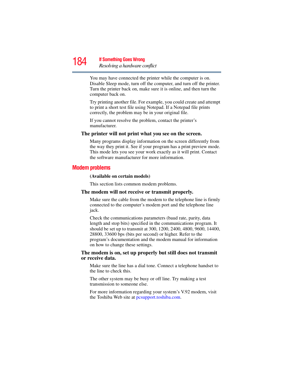 Modem problems | Toshiba SATELLITE M300 User Manual | Page 184 / 232