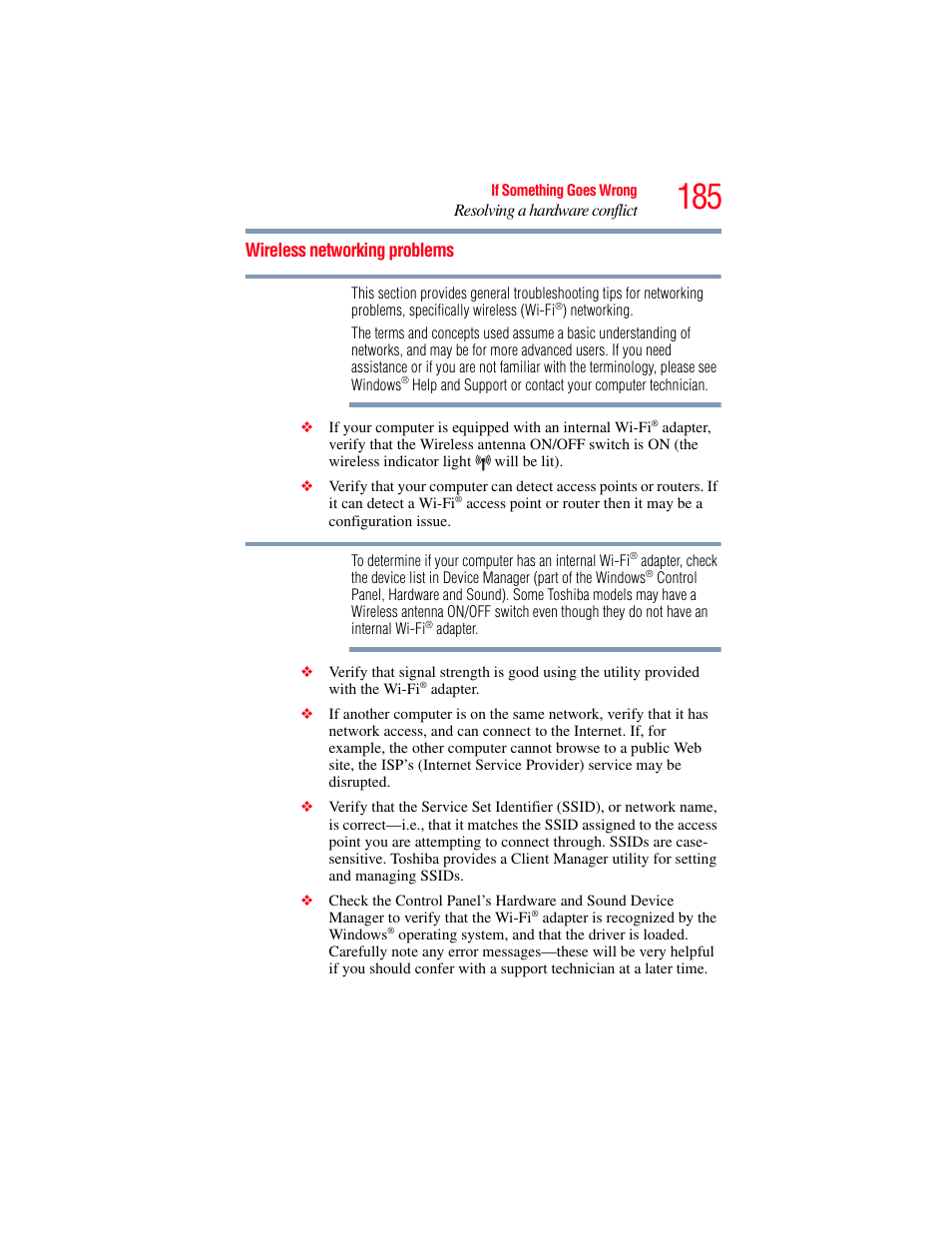 Wireless networking problems | Toshiba SATELLITE M300 User Manual | Page 185 / 232