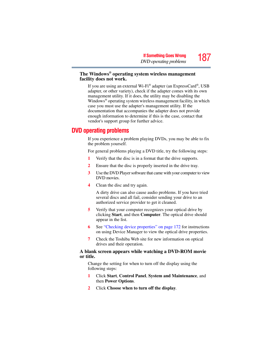 Dvd operating problems | Toshiba SATELLITE M300 User Manual | Page 187 / 232