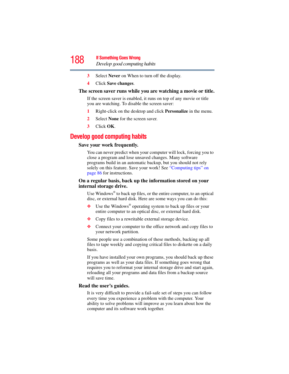 Develop good computing habits | Toshiba SATELLITE M300 User Manual | Page 188 / 232