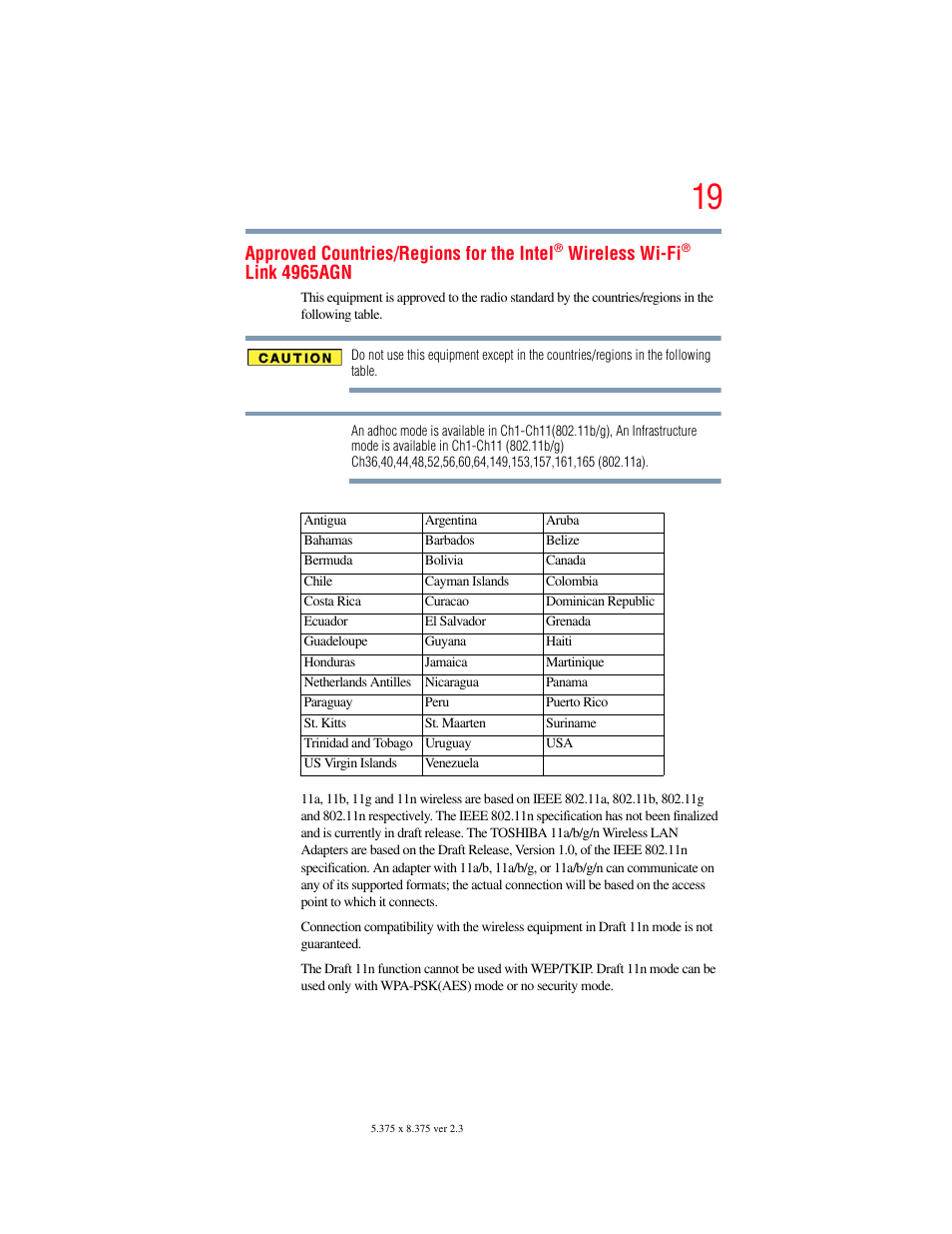 Approved countries/regions for the intel, Wireless wi-fi, Link 4965agn | Toshiba SATELLITE M300 User Manual | Page 19 / 232