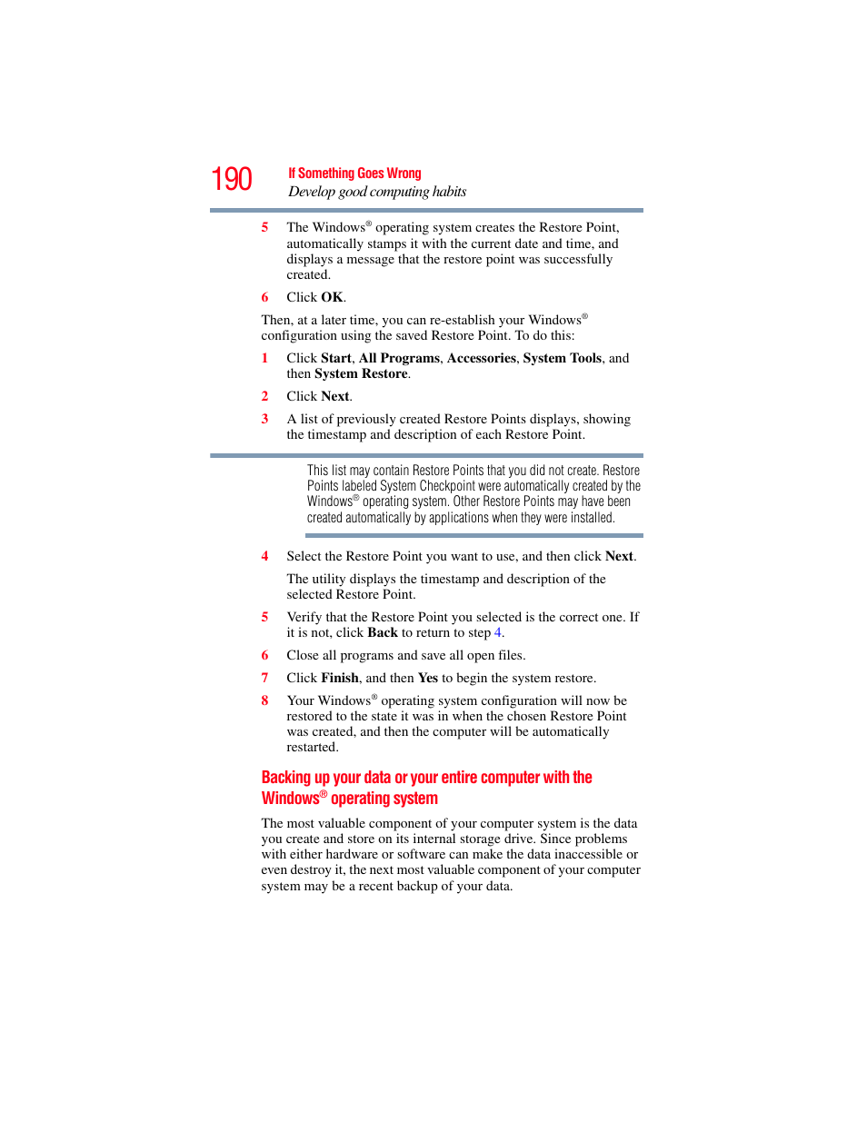 Backing up your data or your entire computer with, The windows | Toshiba SATELLITE M300 User Manual | Page 190 / 232