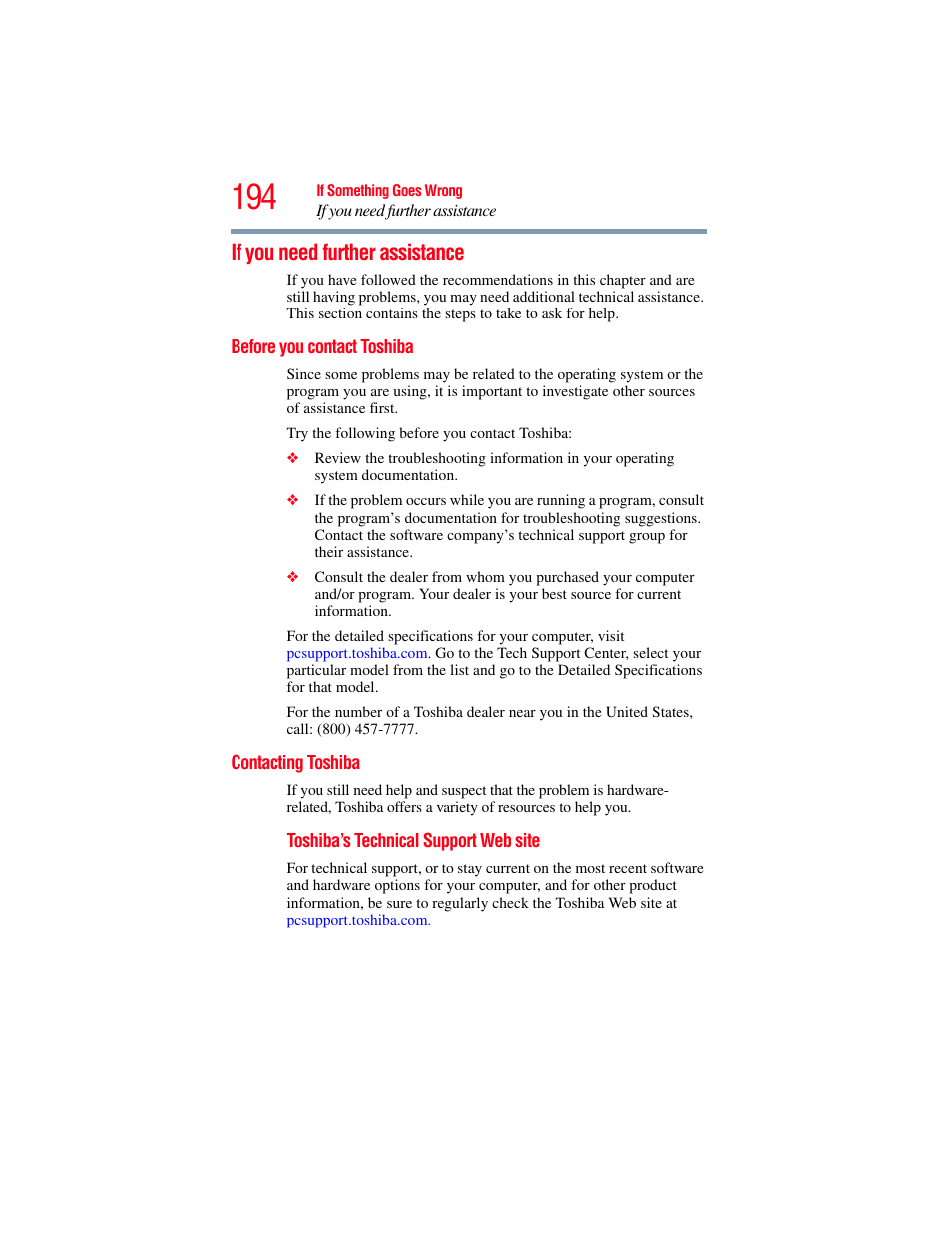 If you need further assistance, Before you contact toshiba, Contacting toshiba | Before you contact toshiba contacting toshiba | Toshiba SATELLITE M300 User Manual | Page 194 / 232