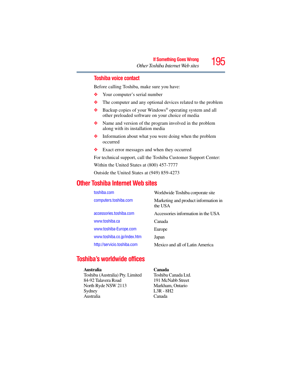 Other toshiba internet web sites, Toshiba’s worldwide offices | Toshiba SATELLITE M300 User Manual | Page 195 / 232