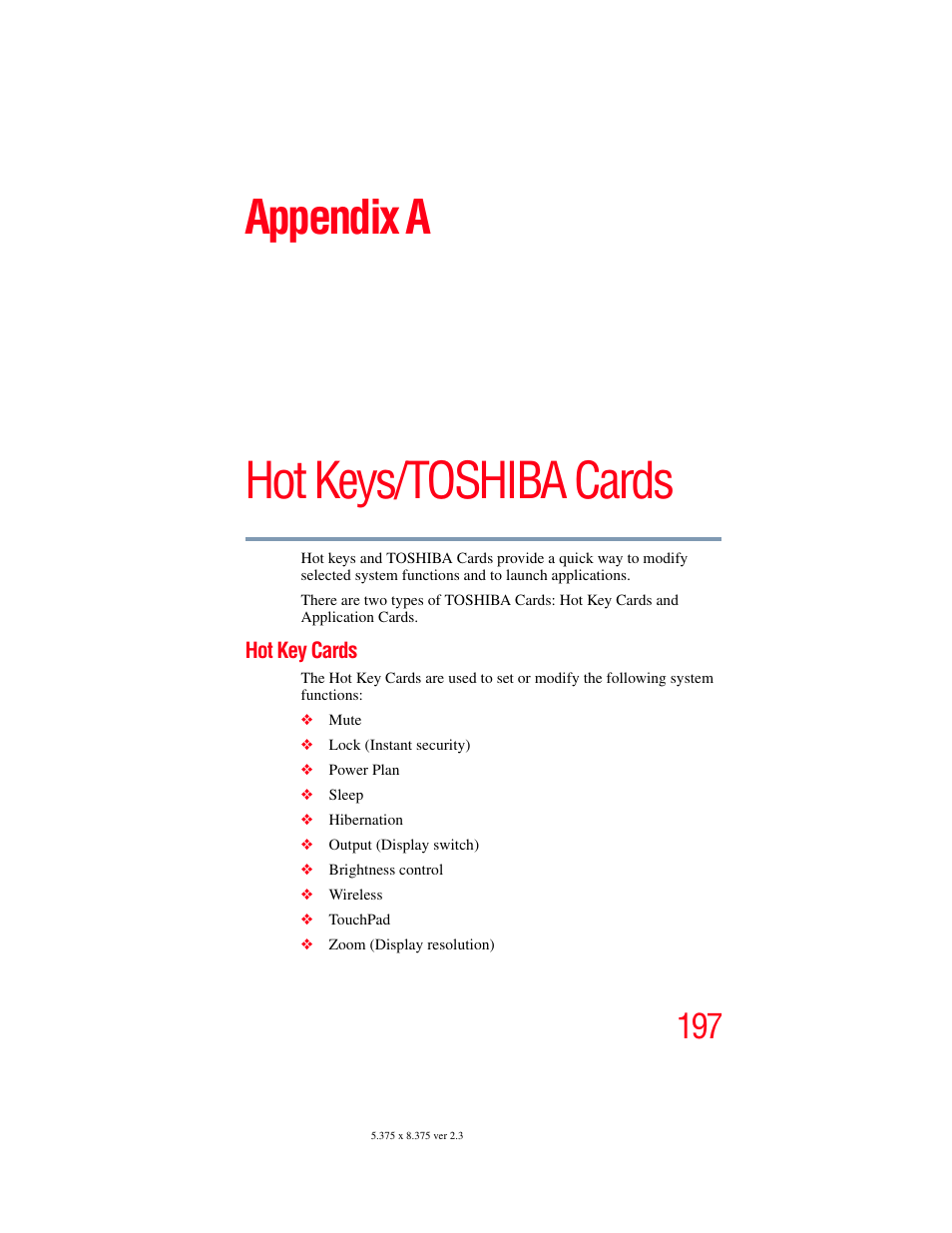Appendix a: hot keys/toshiba cards, Hot key cards, Hot keys/toshiba cards | Appendix a | Toshiba SATELLITE M300 User Manual | Page 197 / 232
