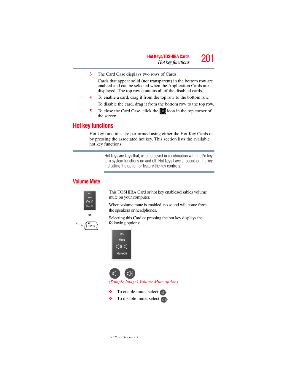 Hot key functions, Volume mute | Toshiba SATELLITE M300 User Manual | Page 201 / 232