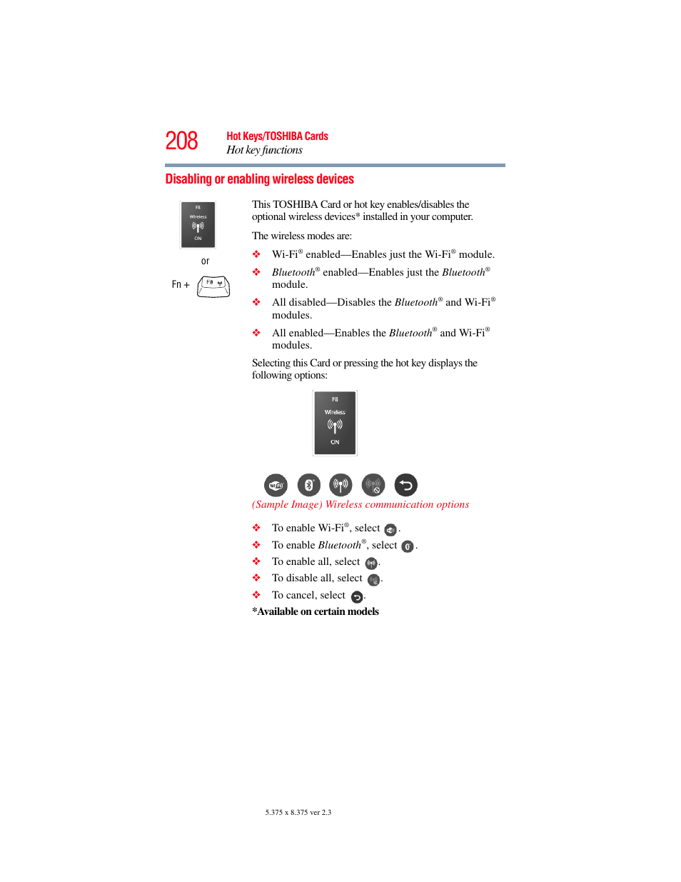 Disabling or enabling wireless devices | Toshiba SATELLITE M300 User Manual | Page 208 / 232