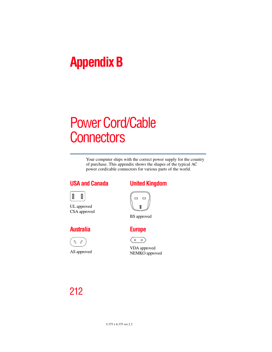 Appendix b: power cord/cable connectors, Power cord/cable connectors, Appendix b | Toshiba SATELLITE M300 User Manual | Page 212 / 232