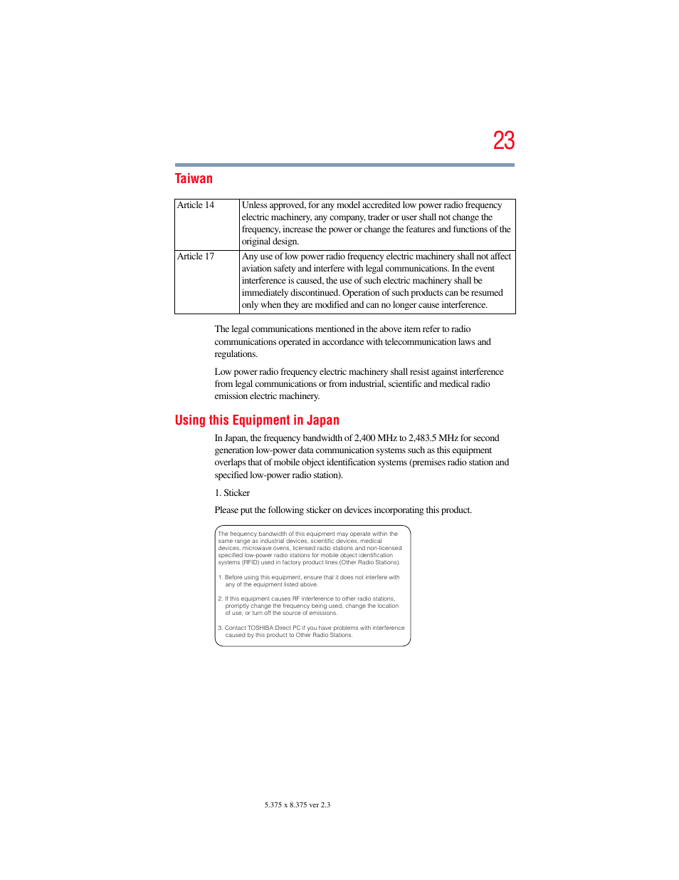 Taiwan, Using this equipment in japan | Toshiba SATELLITE M300 User Manual | Page 23 / 232