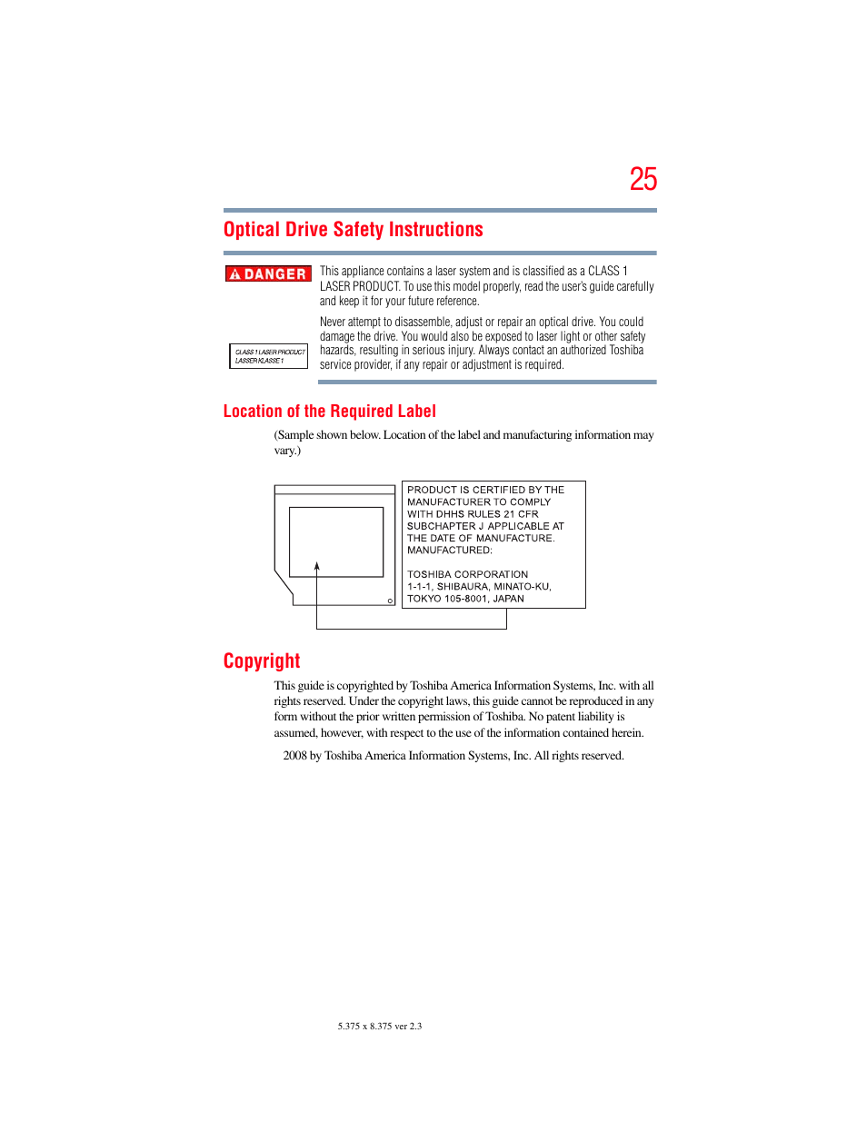 Optical drive safety instructions, Copyright | Toshiba SATELLITE M300 User Manual | Page 25 / 232