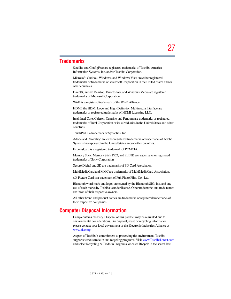 Trademarks, Computer disposal information | Toshiba SATELLITE M300 User Manual | Page 27 / 232