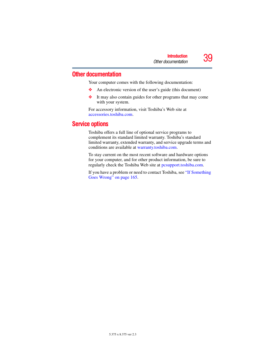 Other documentation, Service options, Other documentation service options | Toshiba SATELLITE M300 User Manual | Page 39 / 232