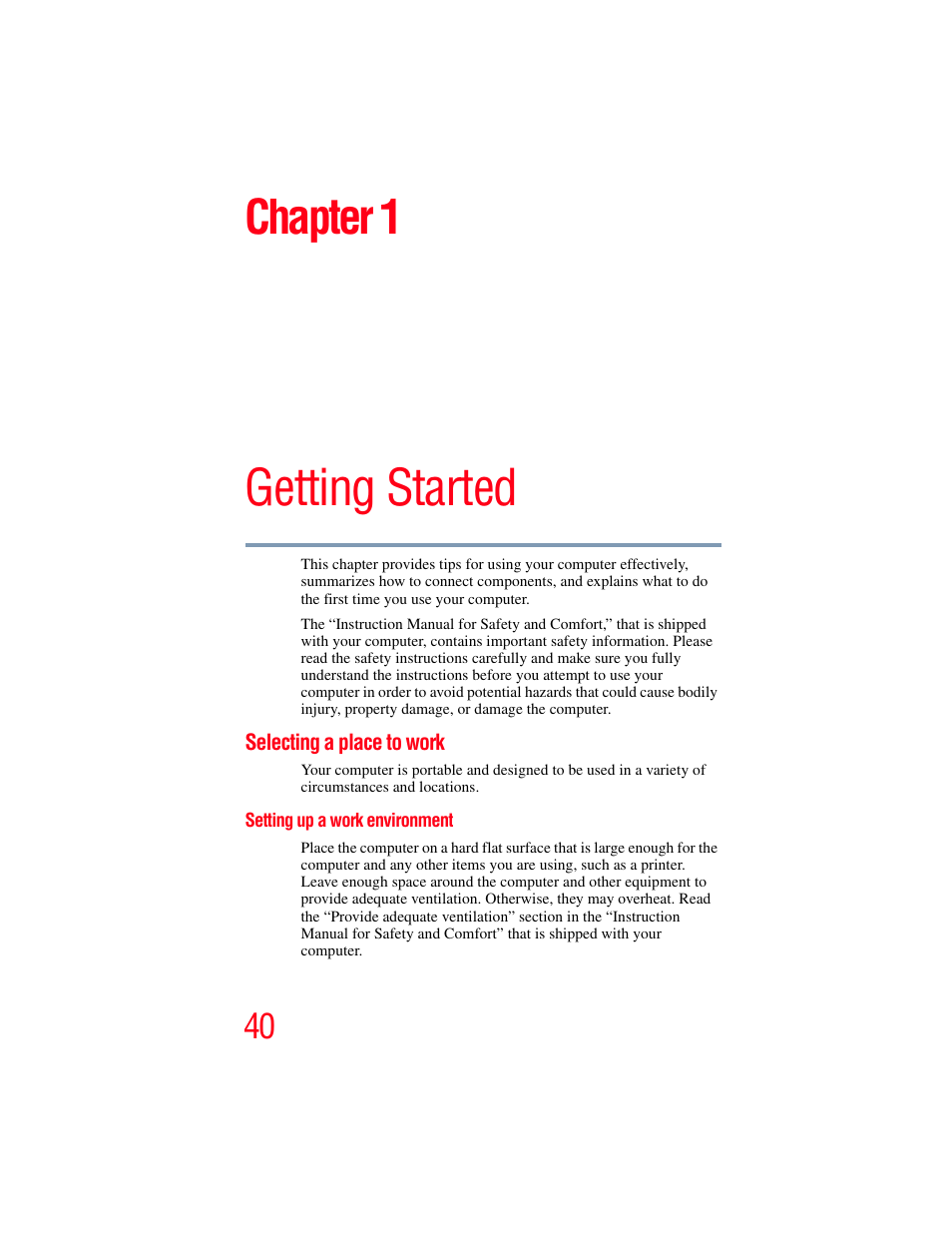 Chapter 1: getting started, Selecting a place to work, Setting up a work environment | Getting started, Chapter 1 | Toshiba SATELLITE M300 User Manual | Page 40 / 232