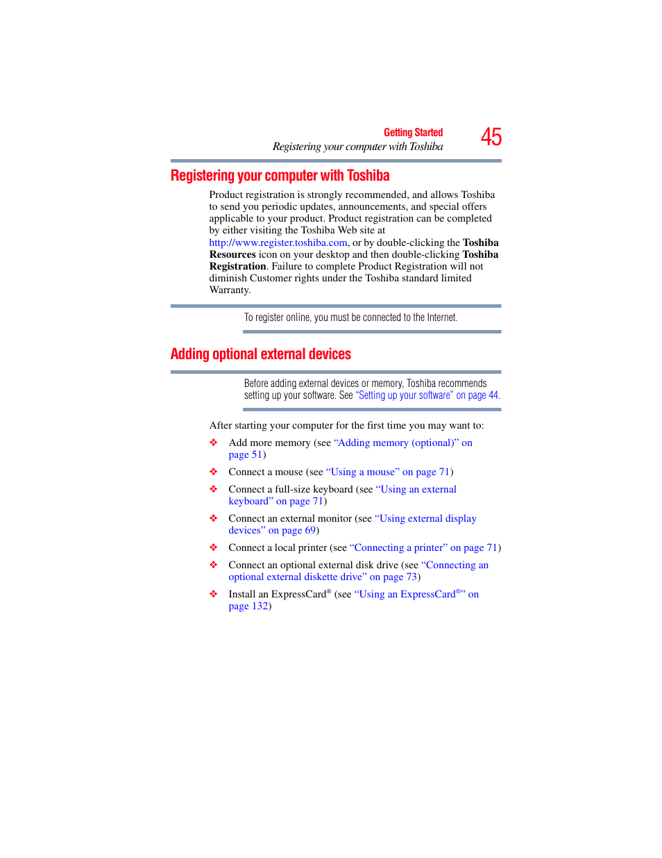 Registering your computer with toshiba, Adding optional external devices | Toshiba SATELLITE M300 User Manual | Page 45 / 232