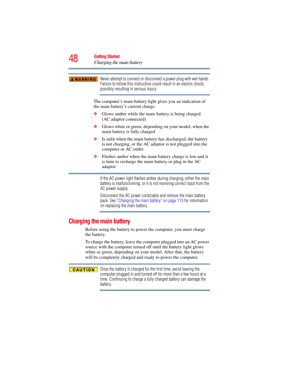 Charging the main battery | Toshiba SATELLITE M300 User Manual | Page 48 / 232