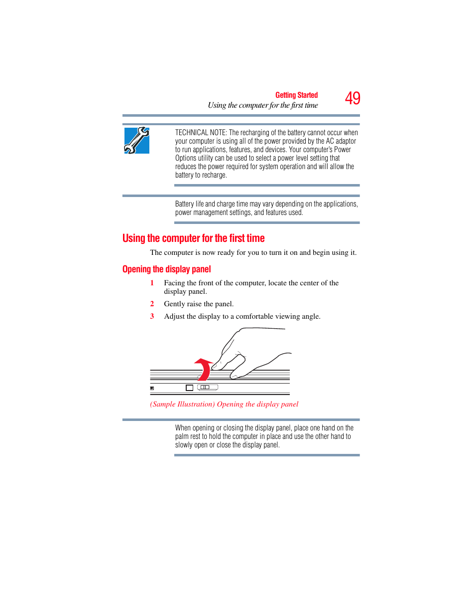 Using the computer for the first time, Opening the display panel | Toshiba SATELLITE M300 User Manual | Page 49 / 232