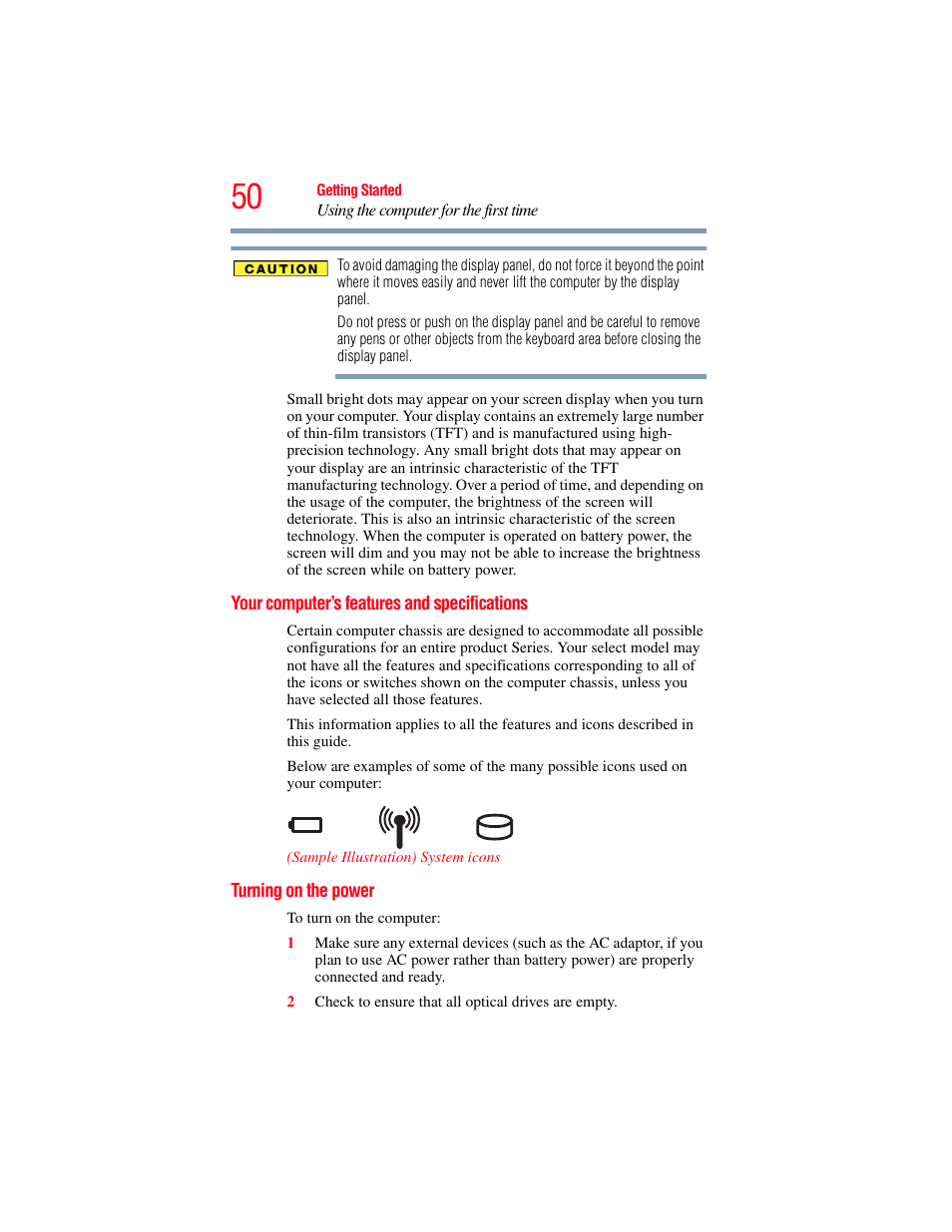 Your computer’s features and specifications, Turning on the power | Toshiba SATELLITE M300 User Manual | Page 50 / 232