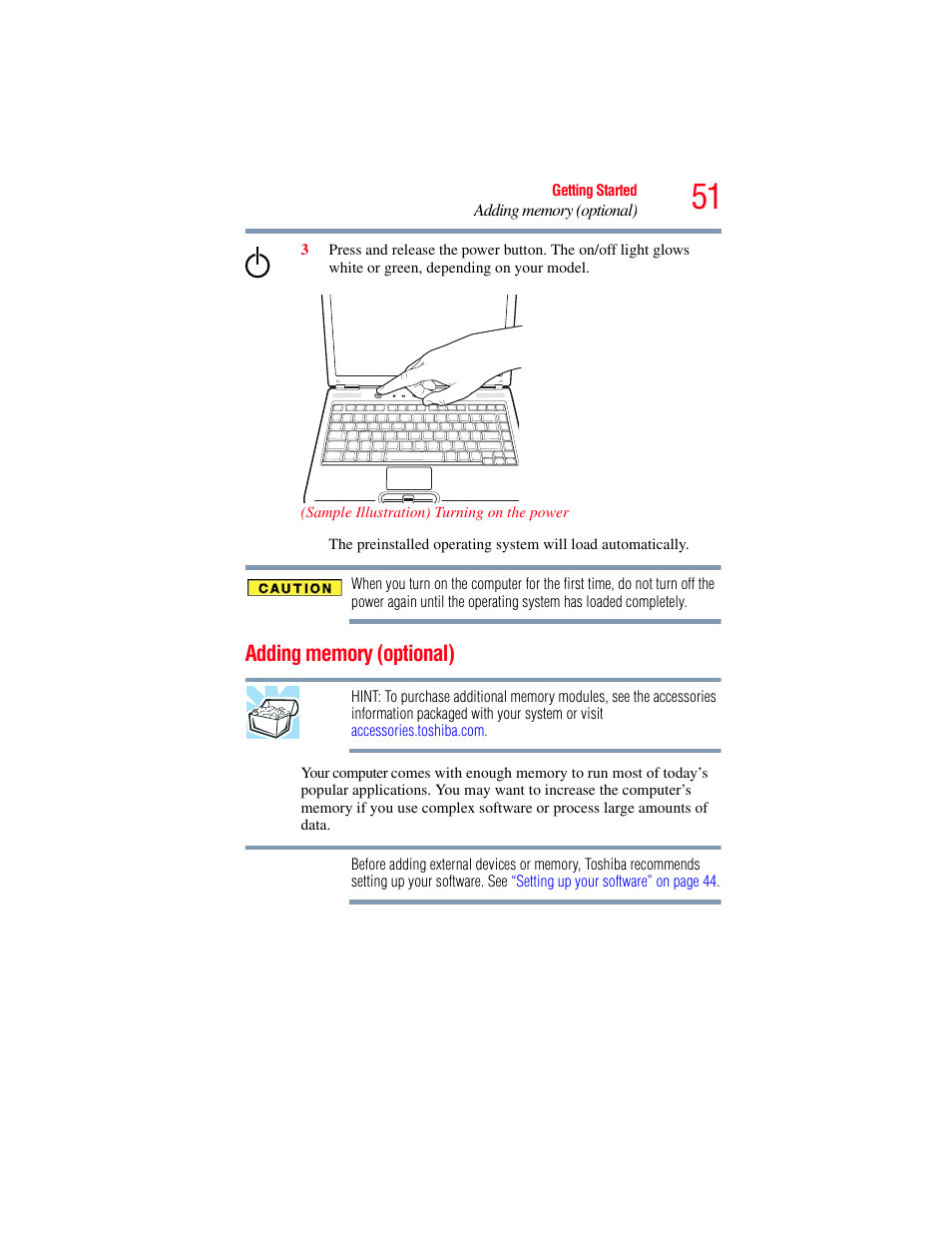 Adding memory (optional), Adding memory (optional)” on | Toshiba SATELLITE M300 User Manual | Page 51 / 232