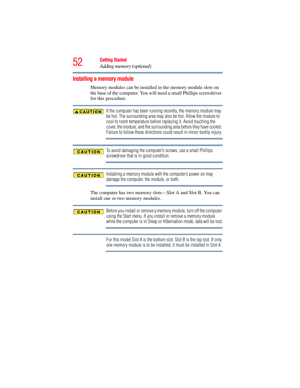 Installing a memory module | Toshiba SATELLITE M300 User Manual | Page 52 / 232