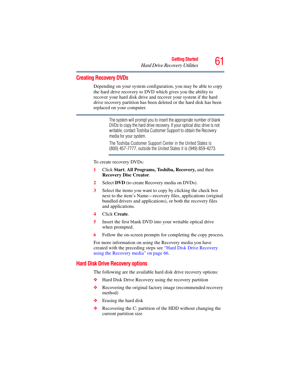 Creating recovery dvds, Hard disk drive recovery options | Toshiba SATELLITE M300 User Manual | Page 61 / 232