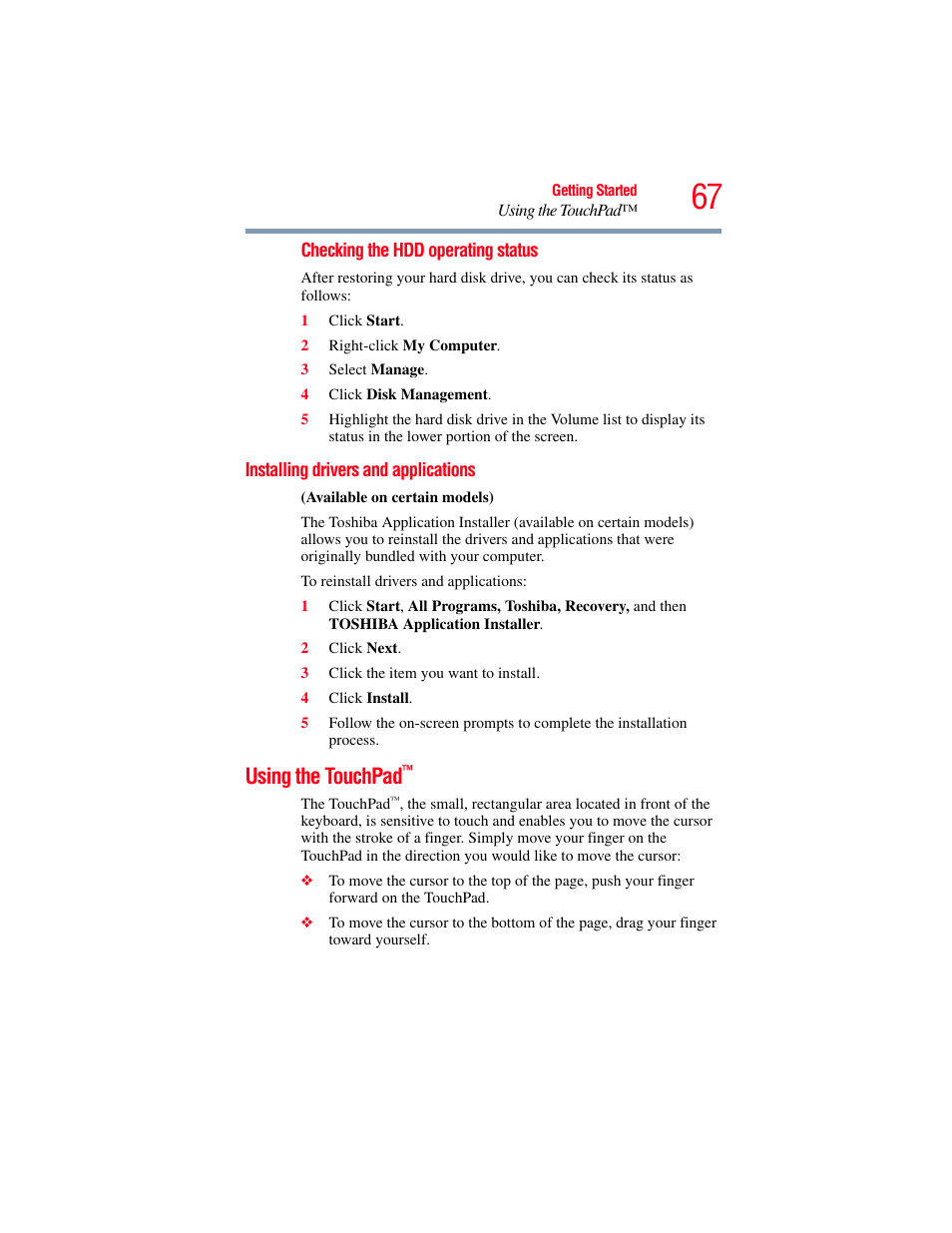 Installing drivers and applications, Using the touchpad | Toshiba SATELLITE M300 User Manual | Page 67 / 232