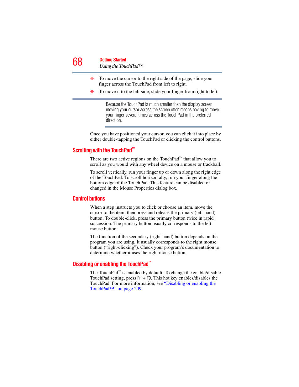 Scrolling with the touchpad, Control buttons, Disabling or enabling the touchpad | Toshiba SATELLITE M300 User Manual | Page 68 / 232