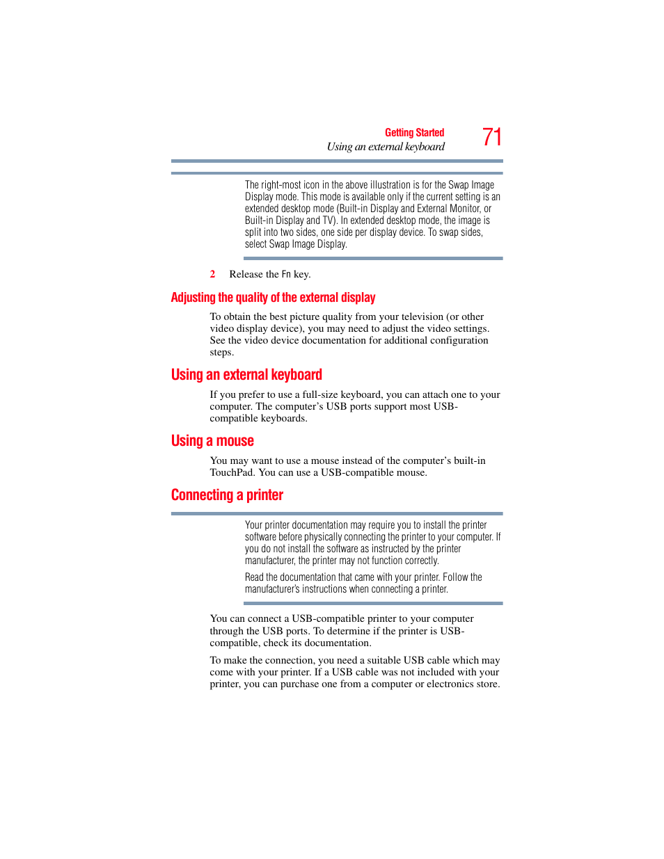Adjusting the quality of the external display, Using an external keyboard, Using a mouse | Connecting a printer, Using an external | Toshiba SATELLITE M300 User Manual | Page 71 / 232