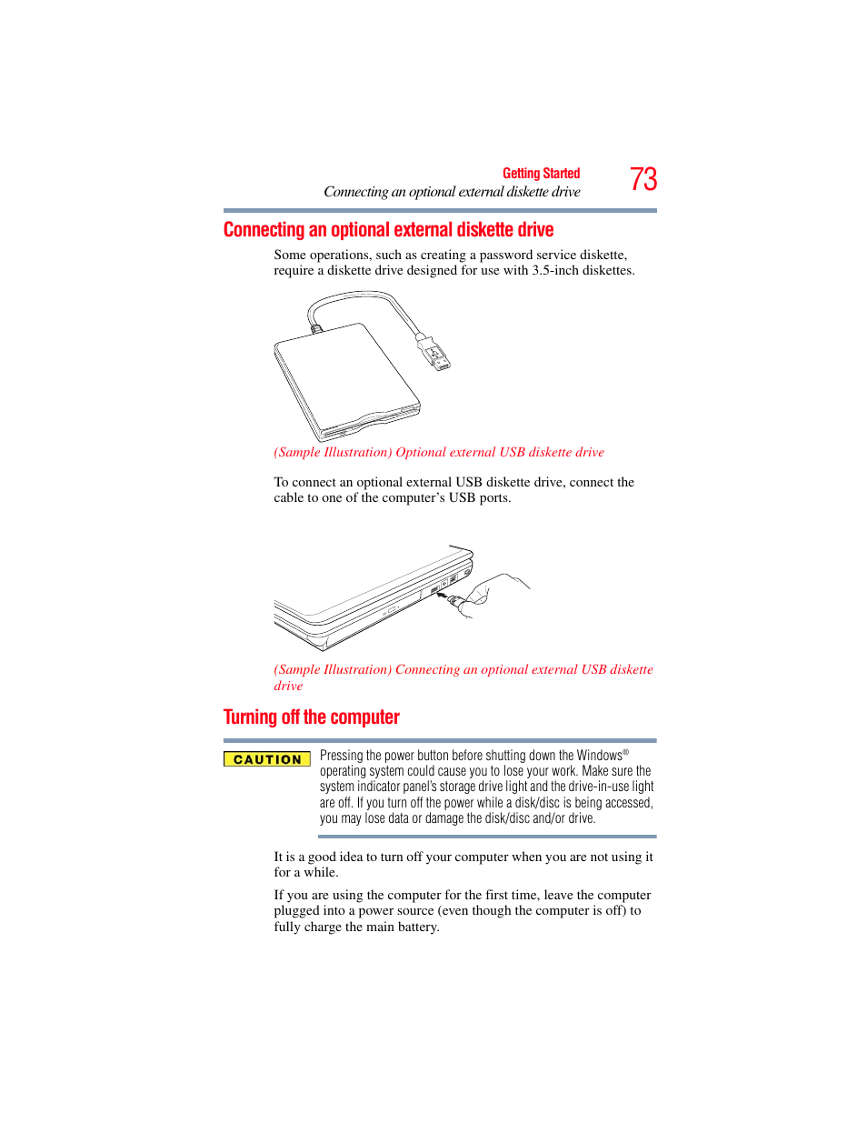 Connecting an optional external diskette drive, Turning off the computer, E (see | Connecting an | Toshiba SATELLITE M300 User Manual | Page 73 / 232