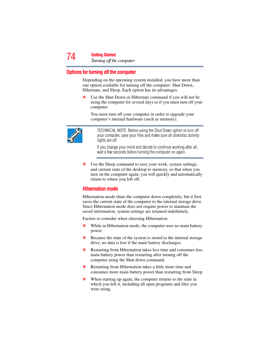 Options for turning off the computer | Toshiba SATELLITE M300 User Manual | Page 74 / 232