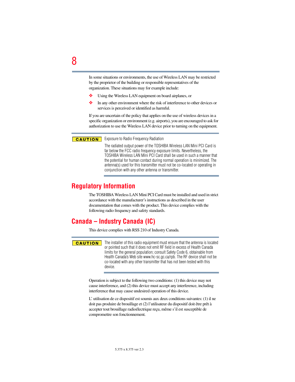 Regulatory information, Canada – industry canada (ic) | Toshiba SATELLITE M300 User Manual | Page 8 / 232