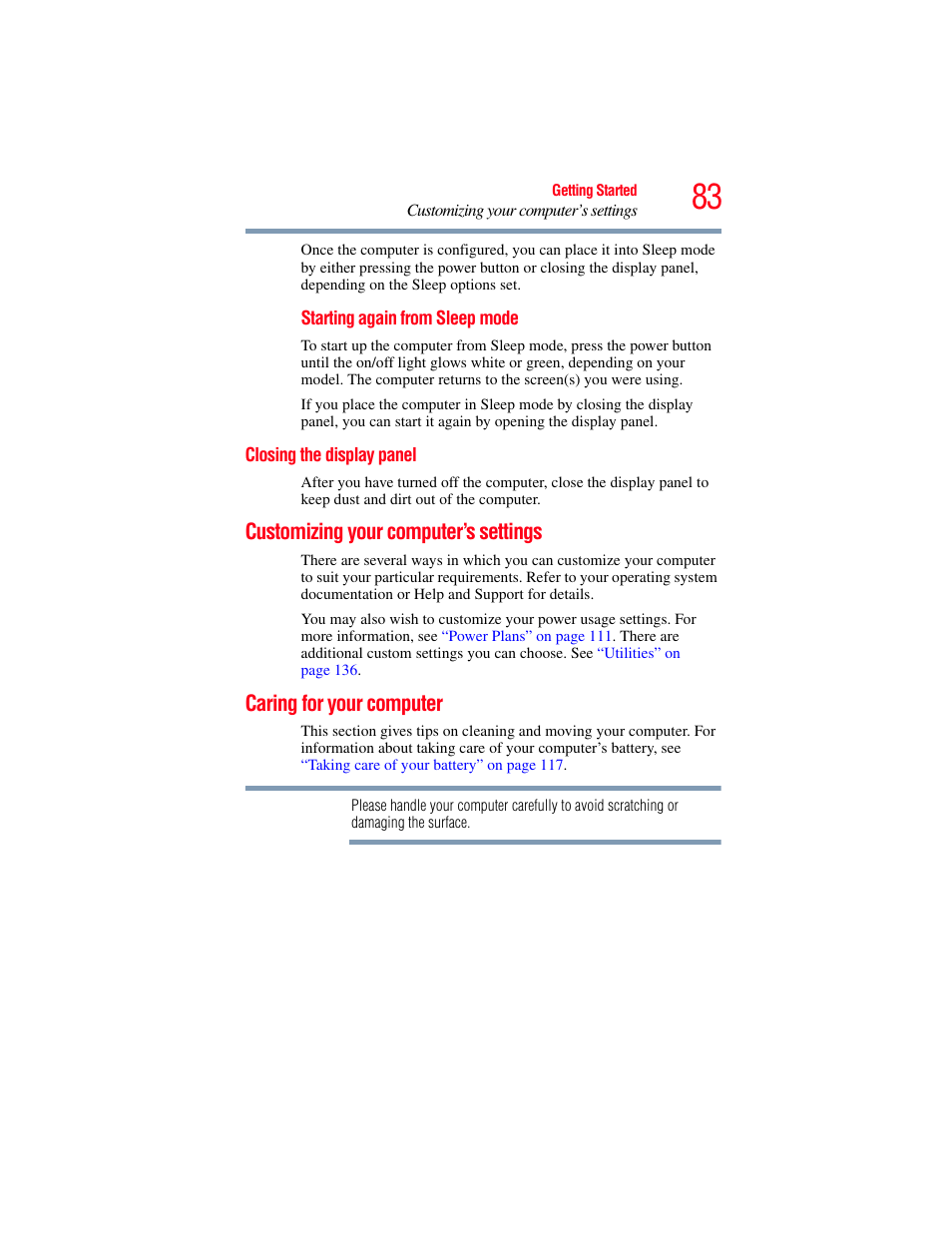 Closing the display panel, Customizing your computer’s settings, Caring for your computer | Toshiba SATELLITE M300 User Manual | Page 83 / 232