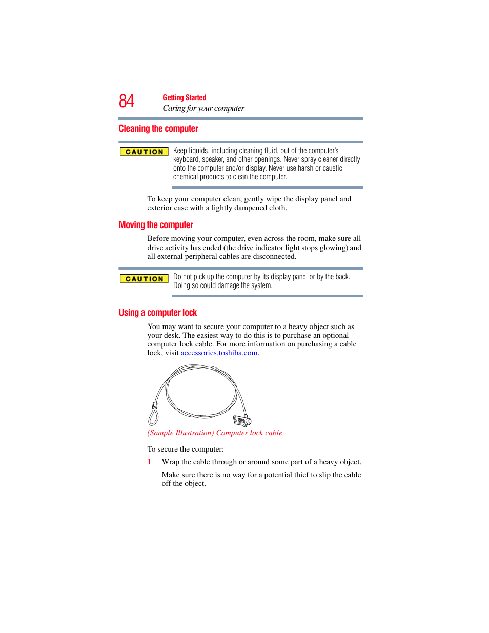 Cleaning the computer, Moving the computer, Using a computer lock | Toshiba SATELLITE M300 User Manual | Page 84 / 232