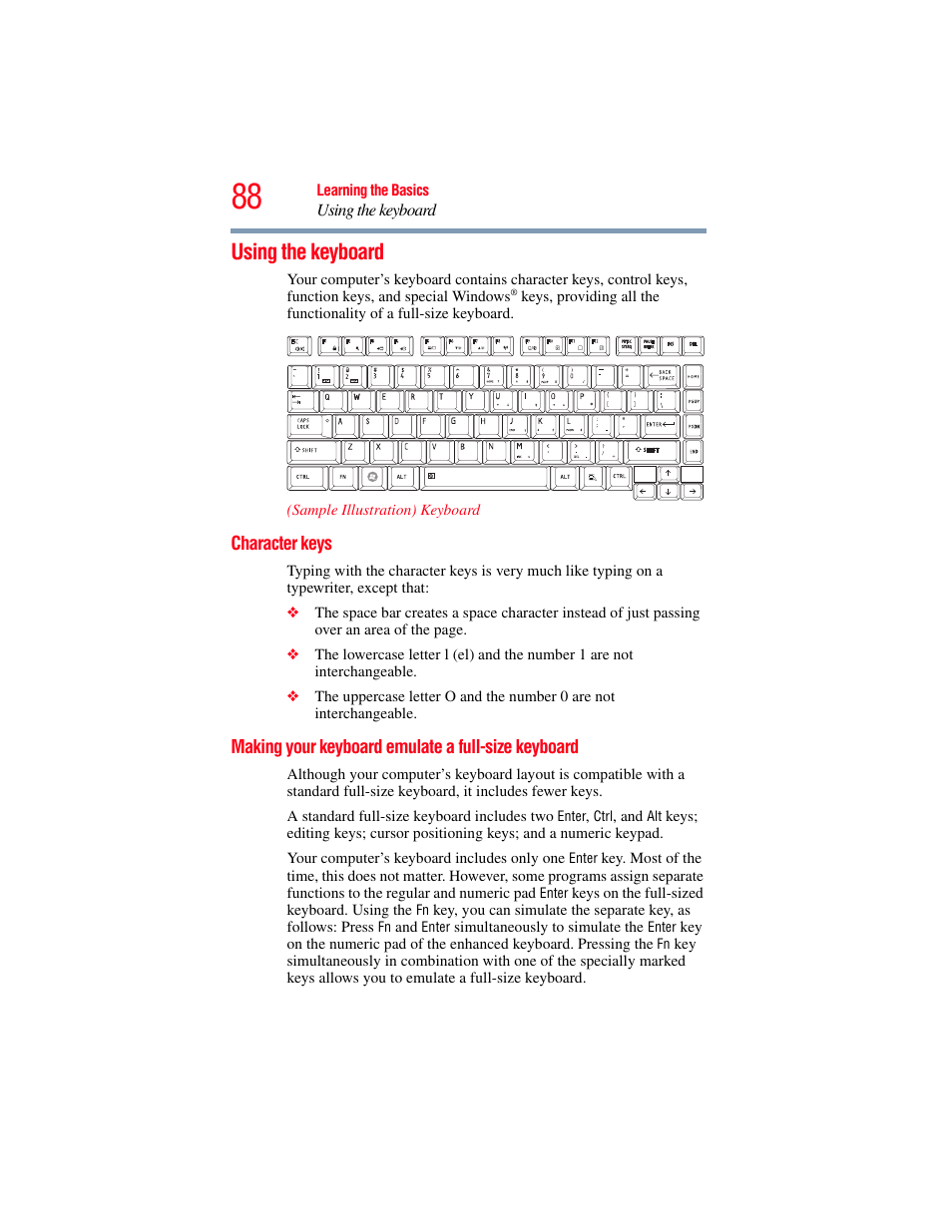 Using the keyboard, Character keys, Making your keyboard emulate a full-size keyboard | Keyboard | Toshiba SATELLITE M300 User Manual | Page 88 / 232