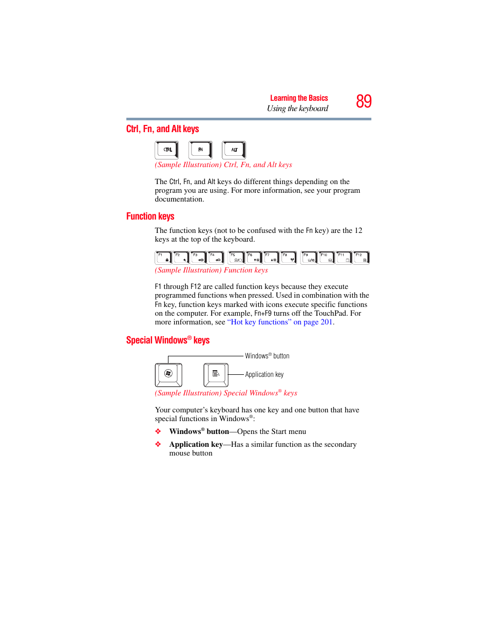 Ctrl, fn, and alt keys, Function keys, Special windows® keys | Toshiba SATELLITE M300 User Manual | Page 89 / 232