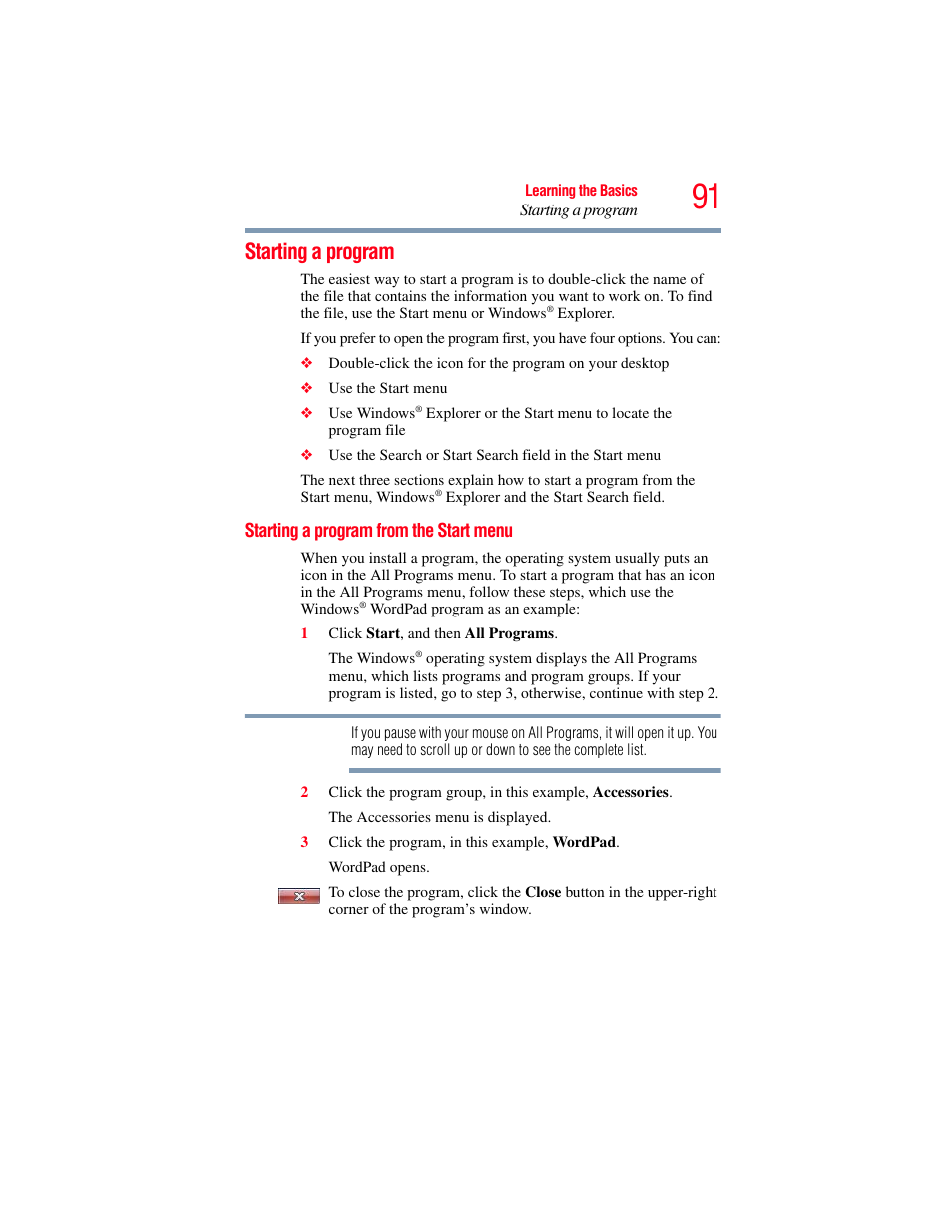 Starting a program, Starting a program from the start menu | Toshiba SATELLITE M300 User Manual | Page 91 / 232