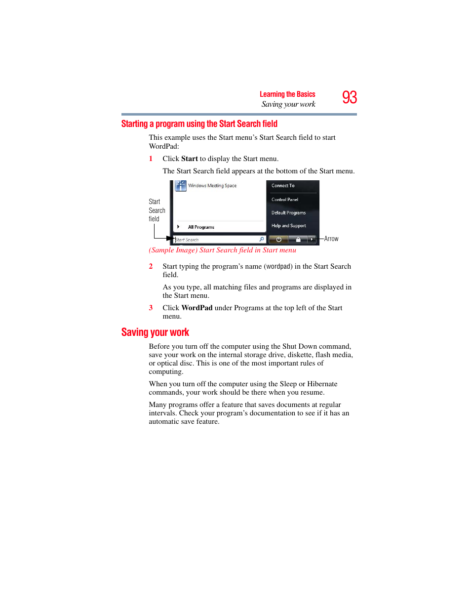 Starting a program using the start search field, Saving your work, Starting a program using the start | Search field | Toshiba SATELLITE M300 User Manual | Page 93 / 232