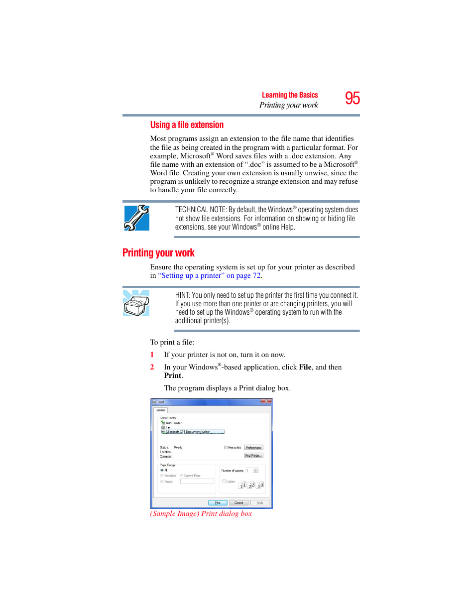 Printing your work | Toshiba SATELLITE M300 User Manual | Page 95 / 232